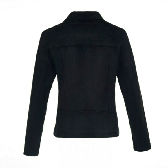 NEW SPYM Sleek Black Faux Suede Moto Stretchy Jacket Ribbed Sides & Sleeves - Picture 2 of 12